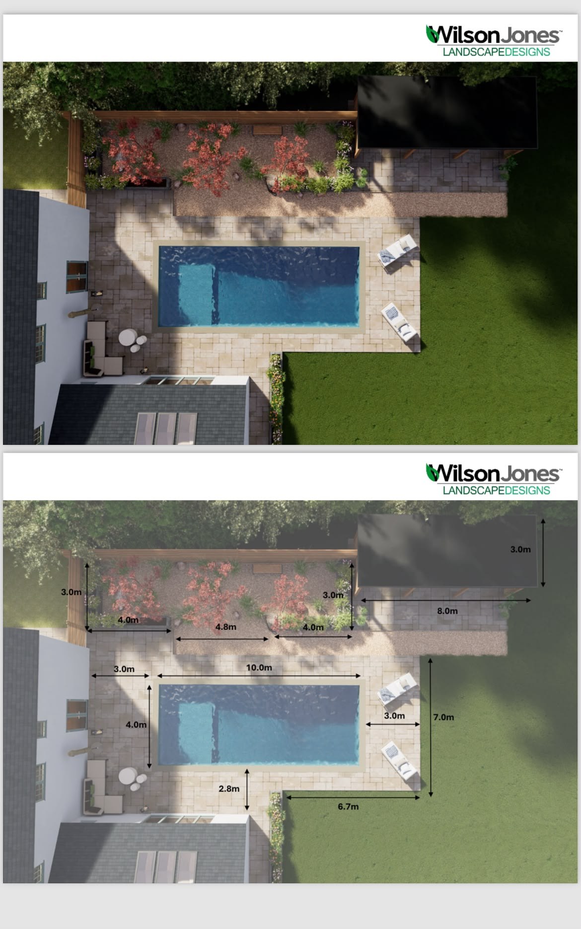 Two overhead garden design views, with a pool, paving, lawn and planting; the lower view includes dimensions.